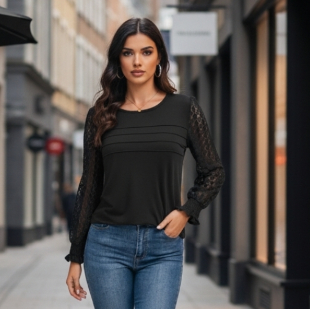 Elegant Black Lace Sleeve Women's Top Size Large